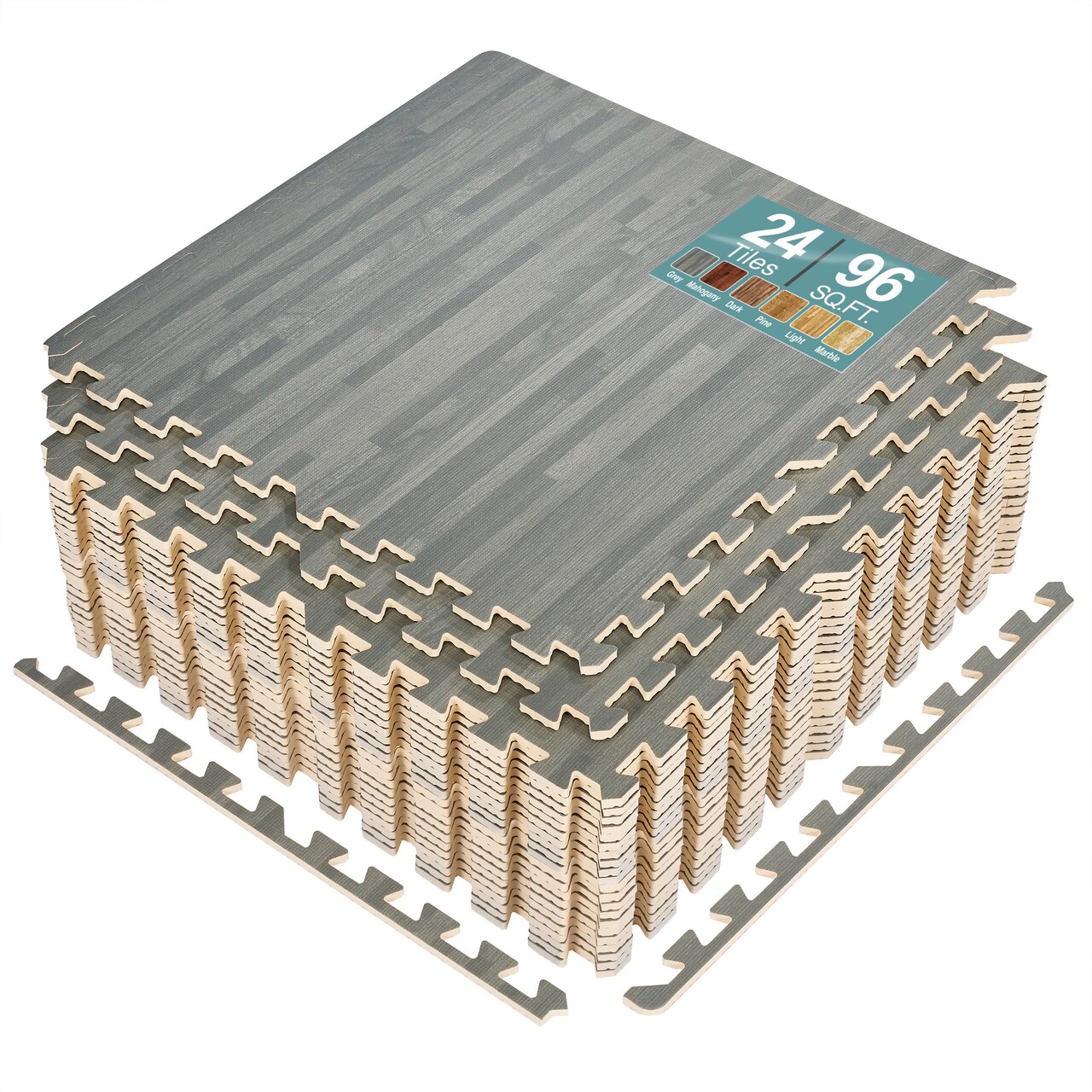 Sorbus 96 Sq. Ft. Wood Grain Floor Tiles, 24 Interlocking EVA Foam Mats, Thick Floor Mats w/ Borders for Home Gym, Playroom, and More